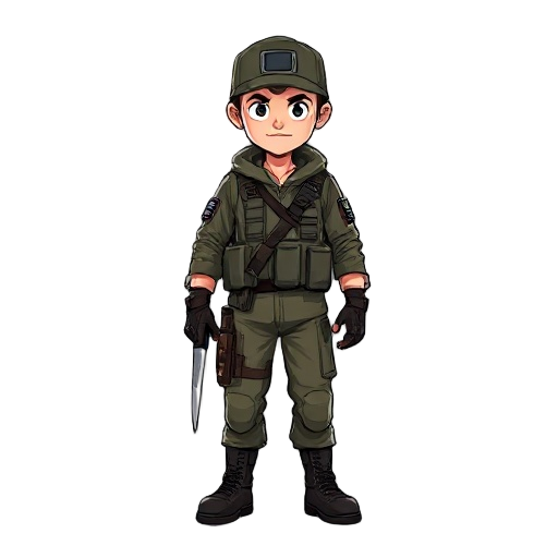 a soldier wearing a rundown outfit with a knife in hand