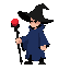 create one mage with dark blue robe and a big black witch hat, with a black staff with a red orb