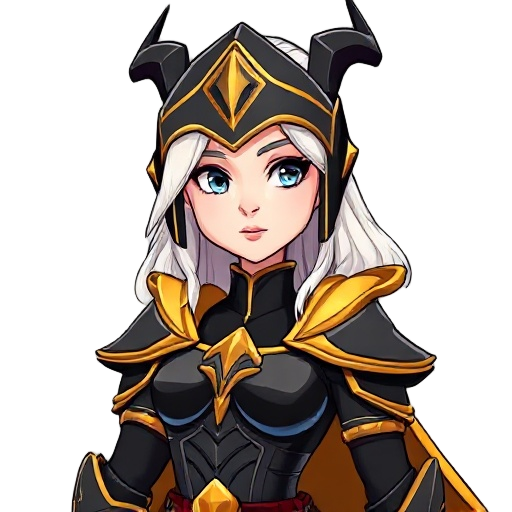 a beautiful and elegant female warrior with a slender silhouette and expressive face. she wears a refined black armor with golden edges,  featuring a subtle and noble neckline. her golden cape has a black border and flows behind her.  she wears a valkyrie