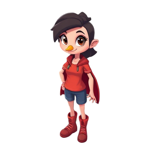 garota com chapéu, capa e botas pretas, camisa roxa e cabelo castanho escuro, com uma varinha na mão