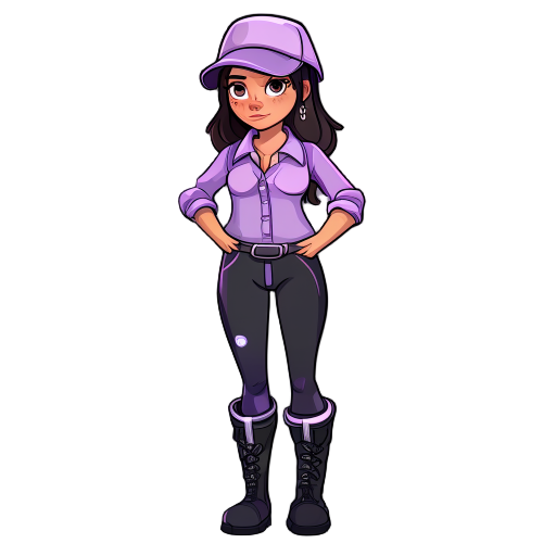 garota com chapéu, capa e botas negras, camisa lilás e cabelo castanho escuro