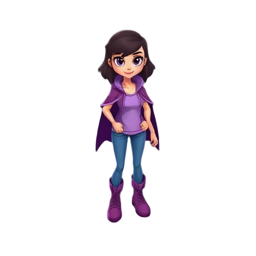garota com chapéu, capa e botas pretas, camisa lilás e cabelo castanho escuro, com uma varinha na mão