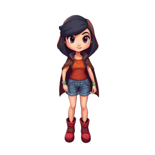 garota com chapéu, capa e botas pretas, camisa roxa e cabelo castanho escuro, com uma varinha na mão