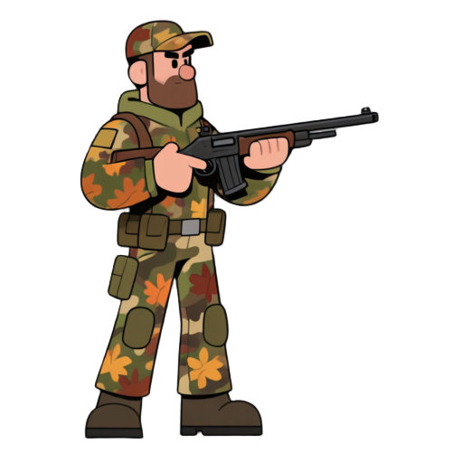 a hunter facing side in fall camouflage outfit with a rifle 