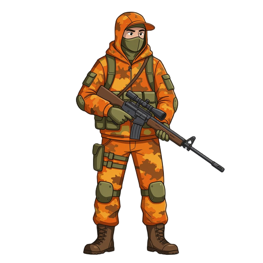 a hunter facing side in fall camouflage outfit with a rifle 