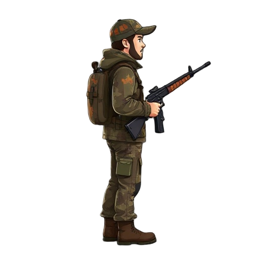 a hunter facing side in fall camouflage outfit with a rifle 