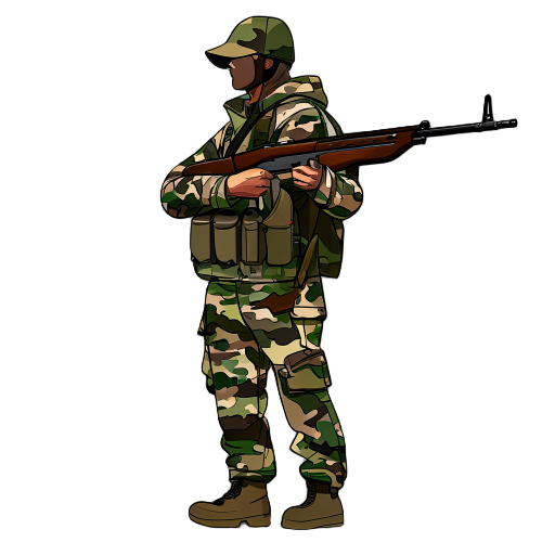 a hunter facing side in fall camouflage outfit with a rifle 