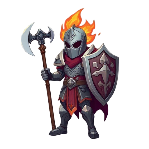 a ghost flame knight with ancient armor, shield and one handed battle axe.