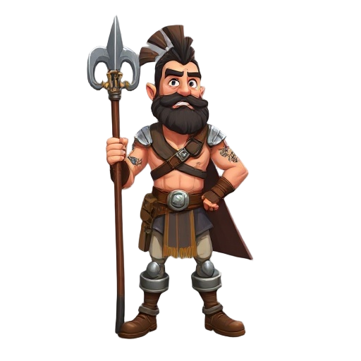 barabrian man, with stick, stand, heavy metall cartoon style