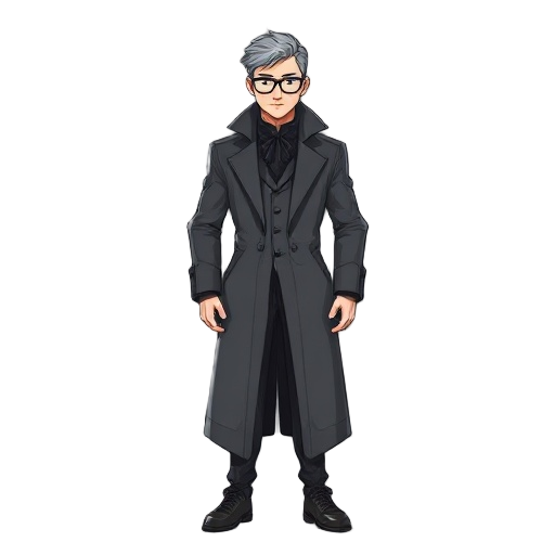 a white character with glasses. his outfit needs to look expensive, formal, but adapted for chaotic combat. costume piece design and material (invincible style) main coat a long, high-tech overcoat made of a durable yet flexible fabric in a deep slate-gra
