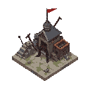 using a isometric perspective do a medieval-mercenary in a post apocalyptic modern world dont do the tile