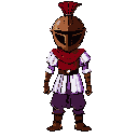small bronze helmet with rounded shape, 6 vertical visor slits, thin crest curving back. dark red rigid usekh collar with metallic jewel emblem. short purple tunic with white puffed sleeves, diamond stripe, dark belt with pouch, loose pants, brown mid-cal