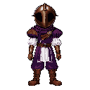 bronze helmet with rounded shape, black vertical visor slits, thin crest curving back. dark red rigid usekh collar with metallic jewel emblem. short purple tunic with white puffed sleeves, diamond stripe, dark belt with pouch, loose pants, brown mid-calf 