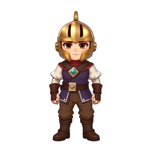 small bronze helmet with rounded shape, 6 vertical visor slits, thin crest curving back. dark red rigid usekh collar with metallic jewel emblem. short purple tunic with white puffed sleeves, diamond stripe, dark belt with pouch, loose pants, brown mid-cal