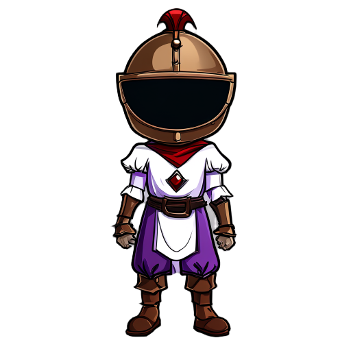 bronze helmet with rounded shape, black vertical visor slits, thin crest curving back. dark red rigid usekh collar with metallic jewel emblem. short purple tunic with white puffed sleeves, diamond stripe, dark belt with pouch, loose pants, brown mid-calf 