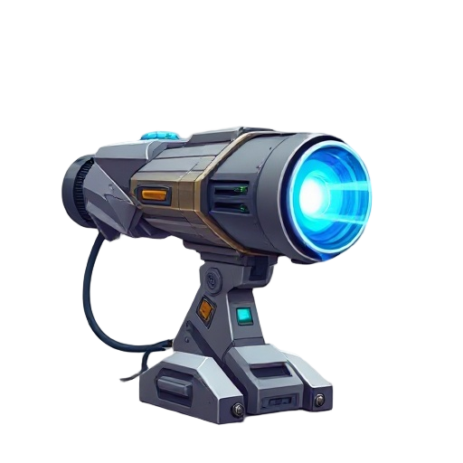 futuristic laser cannon with metallic body, glowing energy core, rotating coils, sleek angular design, blue plasma light running through vents, subtle heat distortion, faint smoke trails, charged emitter ready to fire, heavy base with cables and power cel