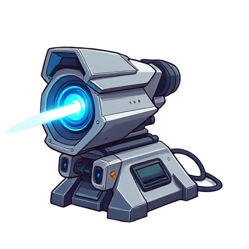 futuristic laser cannon with metallic body, glowing energy core, rotating coils, sleek angular design, blue plasma light running through vents, subtle heat distortion, faint smoke trails, charged emitter ready to fire, heavy base with cables and power cel