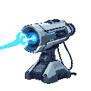 futuristic laser cannon with metallic body, glowing energy core, rotating coils, sleek angular design, blue plasma light running through vents, subtle heat distortion, faint smoke trails, charged emitter ready to fire, heavy base with cables and power cel