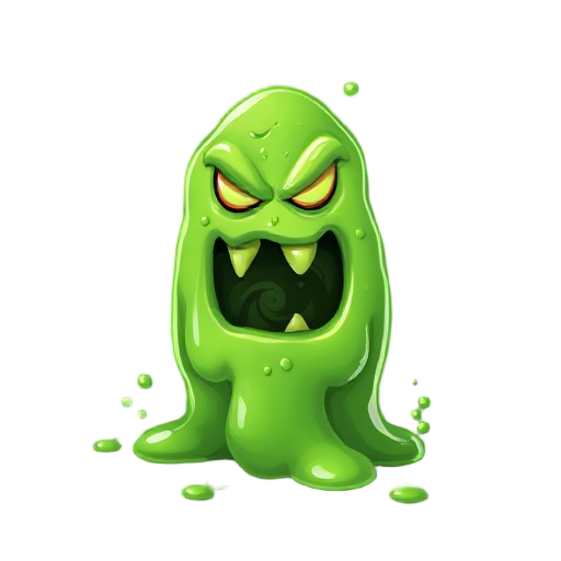 viscous acid slime with semi-transparent green body, thick bubbling texture, dripping edges, darker core swirling inside, bright toxic glow, subtle steam rising, small splashes around base, smooth organic motion, glossy highlights, menacing yet lively exp