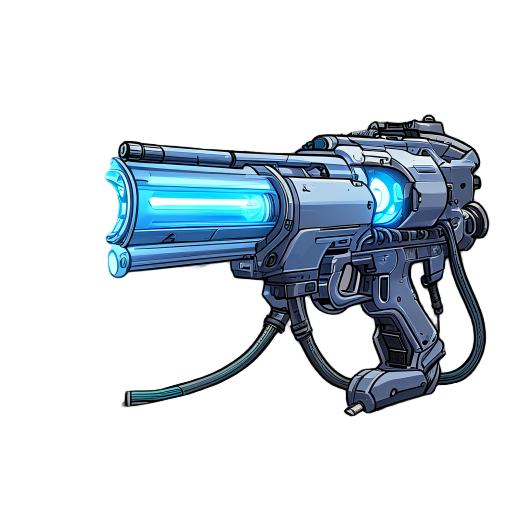 futuristic laser cannon with metallic body, glowing energy core, rotating coils, sleek angular design, blue plasma light running through vents, subtle heat distortion, faint smoke trails, charged emitter ready to fire, heavy base with cables and power cel