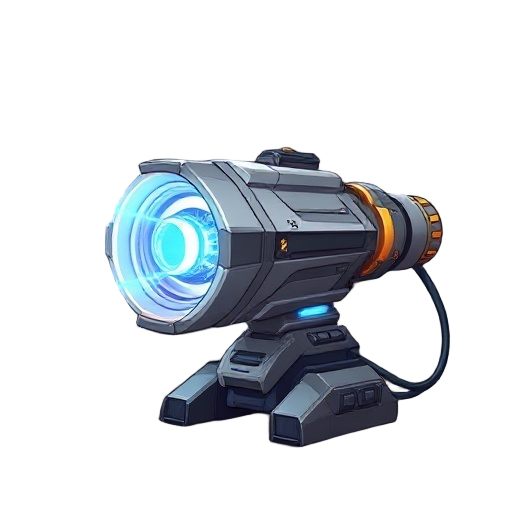 futuristic laser cannon with metallic body, glowing energy core, rotating coils, sleek angular design, blue plasma light running through vents, subtle heat distortion, faint smoke trails, charged emitter ready to fire, heavy base with cables and power cel