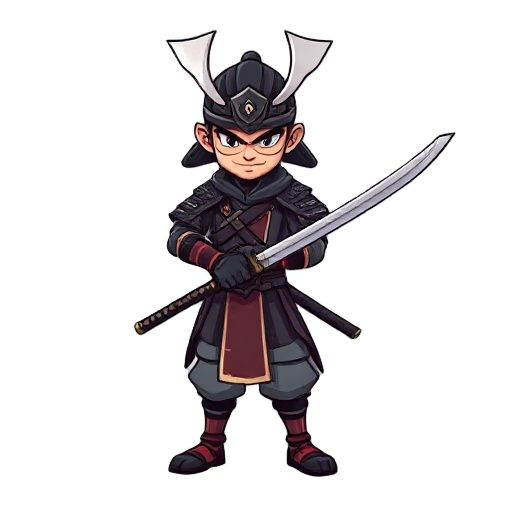personagem samurai com espada katana, para jogo mobile. personagem com coupa que cobre o corpo todo e de cores escuras, tem deve usar chapeu oriental