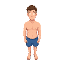 human man, average build, light brown skin tone, short brown hair, only wearing blue short shorts, shirtless, barefoot
