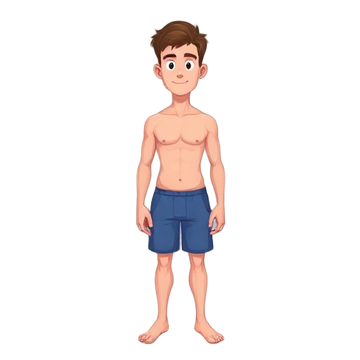 human man, average build, medium skin tone, short brown hair, only wearing blue short shorts, shirtless, barefoot