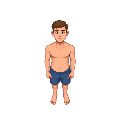 in style of stardew valley, human man, average build, light brown skin tone, short brown hair, only wearing blue short shorts, shirtless, barefoot