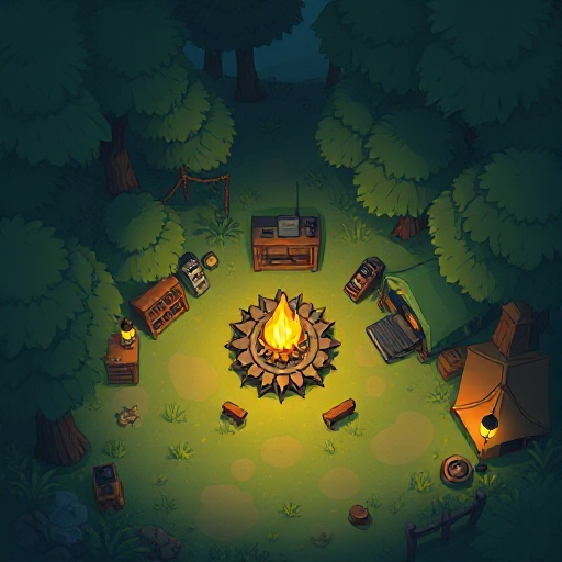 crie um fundo de jogo top down, baixa resolução, com o tema de um acampamento de seunda guerra mundial, ele deve ser um pequeno acampamento em uma floresta escura, iluminado somente pela fogueira e as lampadas, o acampamento deve ter uma barraca, um radio