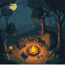 crie um fundo de jogo top down, baixa resolução, com o tema de um acampamento de seunda guerra mundial, ele deve ser um pequeno acampamento em uma floresta escura, iluminado somente pela fogueira e as lampadas, o acampamento deve ter uma barraca, um radio