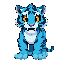 a quadrupedal entire fur blue tiger with light blue stripes that have black outline, his fangs should be like the ones of a saber-toothed tiger, his eyes must be yellow with light red around 