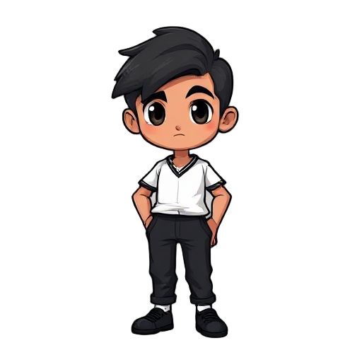 chico cabello negro, piel palida, ojos negros, lunar debajo del ojo izquierdo, camisa blanca, corbata negra, pantalon negro, zapatos negros