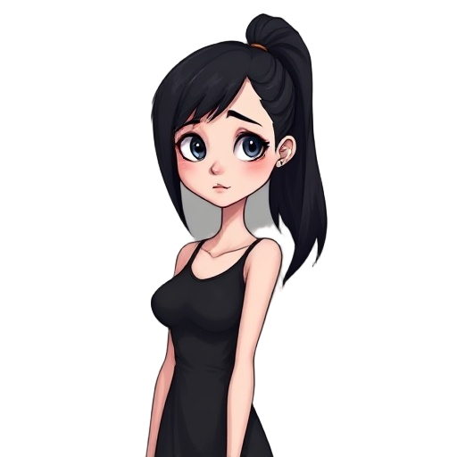adult female, medium breasts, skinny,  black hair,ponytail, sick, pale skin, full body, black dress, 
