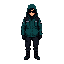 top-down pixel-art game character, 32x32px. style: 16-bit/early snes stealth-action. role: on-foot hacker/infiltrator. neutral stance, compact silhouette (not chibi, but slightly squat for readability). wearing a dark teal tech-jacket with light padding, 
