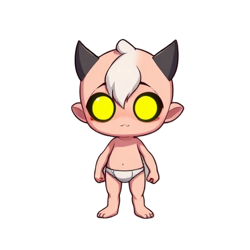 chibi-style cute figure with glowing yellow eyes, playful and whimsical, small cartoonish body, wearing only simple underwear, minimalist background, clean vector art style, highly stylized, bright cinematic lighting, bold outlines, vibrant contrast, fant