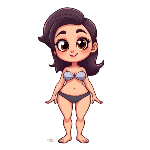 chibi-style adult figure with mature, curvaceous proportions and large expressive eyes, playful and whimsical vibe, exaggerated cartoonish features, wearing only simple underwear, minimalist background, clean vector art style, highly stylized, bright cine