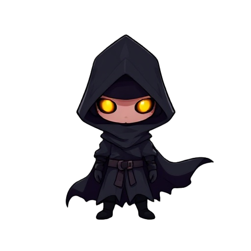 chibi-style dark hooded figure, glowing yellow eyes, mysterious and shadowy, small cartoonish body, flowing tattered cloak, minimalist background, clean vector art style, highly stylized, cinematic lighting, bold outlines, vibrant contrast, fantasy charac