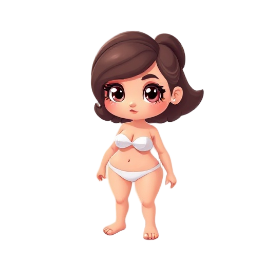 chibi-style adult figure with mature, curvaceous proportions and large expressive eyes, playful and whimsical vibe, exaggerated cartoonish features, wearing only simple underwear, minimalist background, clean vector art style, highly stylized, bright cine