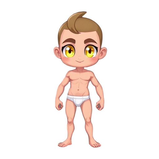 chibi-style adult male humanoid figure with athletic, broad-shouldered proportions and large yellow glowing expressive eyes, playful and whimsical vibe, exaggerated cartoonish features like subtle ethereal glow or crystalline skin accents, wearing only si