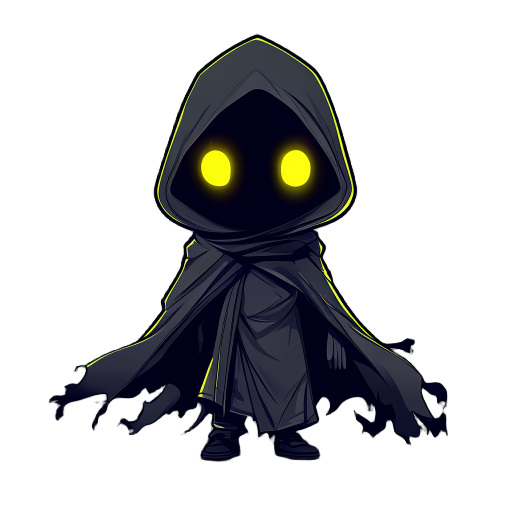 chibi-style dark hooded figure, glowing yellow eyes, mysterious and shadowy, small cartoonish body, flowing tattered cloak, minimalist background, clean vector art style, highly stylized, cinematic lighting, bold outlines, vibrant contrast, fantasy charac