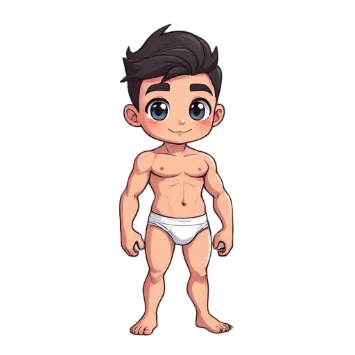 chibi-style adult male humanoid figure with athletic, broad-shouldered proportions and large expressive eyes, playful and whimsical vibe, exaggerated cartoonish features like subtle ethereal glow or crystalline skin accents, wearing only simple underwear,