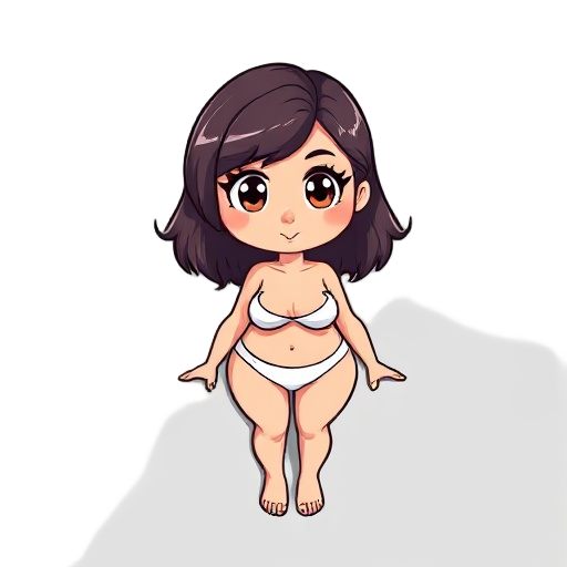 chibi-style adult figure with mature, curvaceous proportions and large expressive eyes, playful and whimsical vibe, exaggerated cartoonish features, wearing only simple underwear, minimalist background, clean vector art style, highly stylized, bright cine