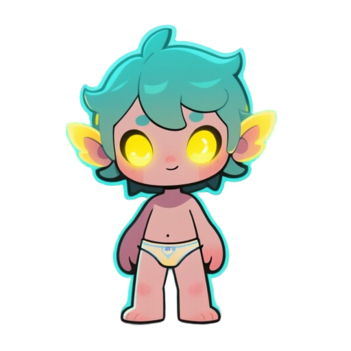 chibi-style cute figure with glowing yellow eyes, playful and whimsical, small cartoonish body, wearing only simple underwear, minimalist background, clean vector art style, highly stylized, bright cinematic lighting, bold outlines, vibrant contrast, fant