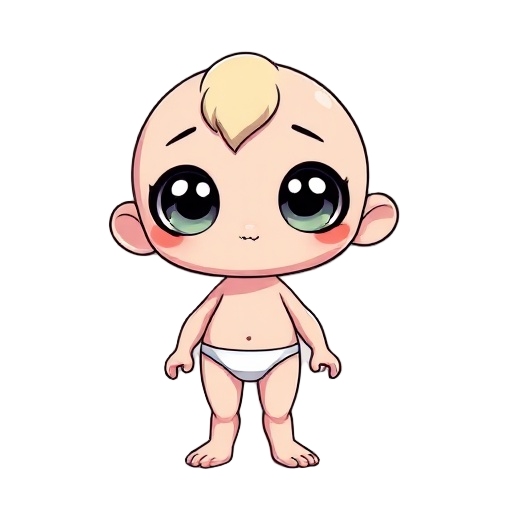 chibi-style cute figure with large expressive eyes, playful and whimsical, small cartoonish body, wearing only simple underwear, minimalist background, clean vector art style, highly stylized, bright cinematic lighting, bold outlines, vibrant contrast, fa