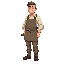 1880s new brunswick stonecutter parent, sturdy build, rolled-up sleeves, linen shirt, work apron, wool trousers, boots, short practical hair, calm expression, holding a small stone mallet relaxed at their side.