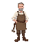 1880s new brunswick stonecutter parent, sturdy build, rolled-up sleeves, linen shirt, work apron, wool trousers, boots, short practical hair, calm expression, holding a small stone mallet relaxed at their side. touch of pastel color