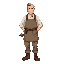 1880s new brunswick stonecutter parent, sturdy build, rolled-up sleeves, linen shirt, work apron, wool trousers, boots, short practical hair, calm expression, holding a small stone mallet relaxed at their side. touch of pastel color