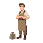 1880s new brunswick stonecutter parent, sturdy build, rolled-up sleeves, linen shirt, work apron, wool trousers, boots, short practical hair, calm expression, holding a small stone mallet relaxed at their side. touch of pastel color