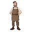 1880s new brunswick stonecutter parent, sturdy build, rolled-up sleeves, linen shirt, work apron, wool trousers, boots, short practical hair, calm expression, holding a small stone mallet relaxed at their side. touch of pastel color